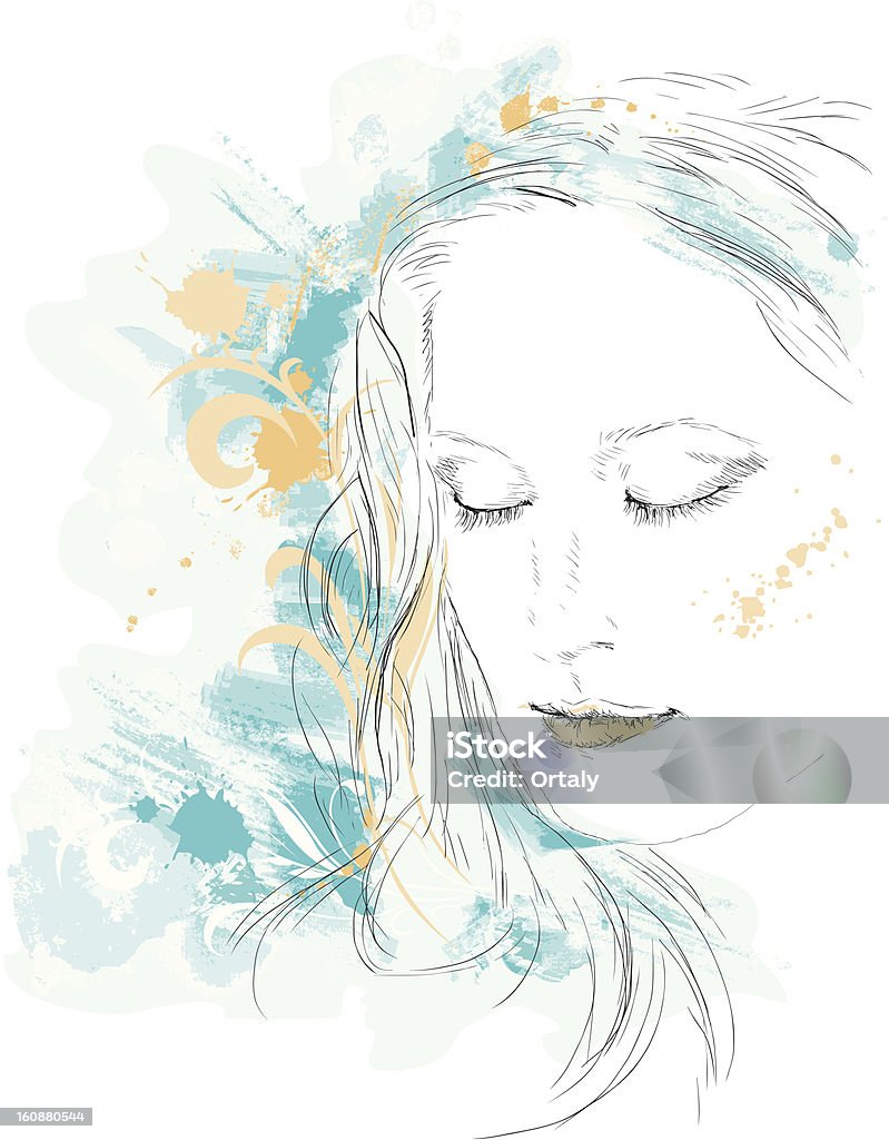 Girl portrait Vector illustration of a young woman styled as a watercolor painting, with decoration scroll shapes. Women stock vector