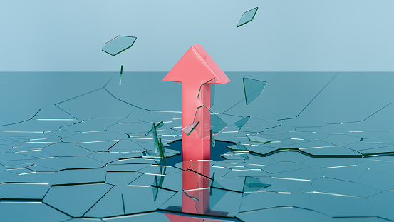 Shattering the Glass Ceiling: Red Arrow Breaks Through to Success, Achievement and Triumph, 3D render