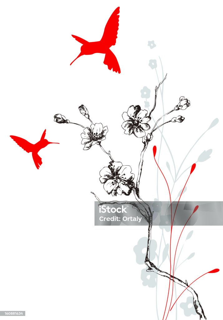 Cheery Japan Modern Рumming-birds & Cherry branch on cherry silhouette. Modern Japan stylized illustration. Hummingbird stock vector