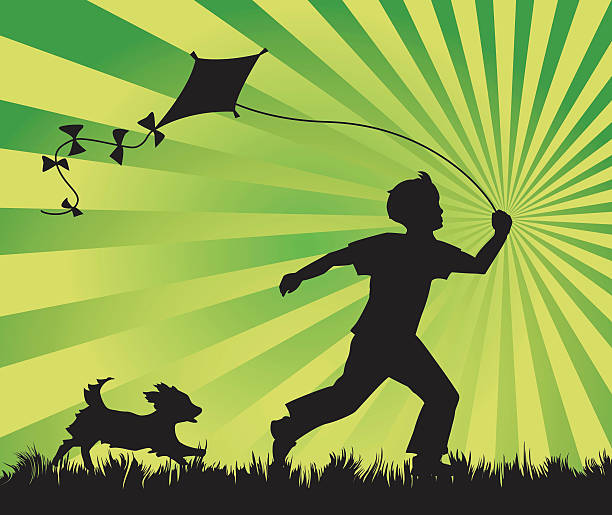 bildbanksillustrationer, clip art samt tecknat material och ikoner med boy, dog & kite - flying kite