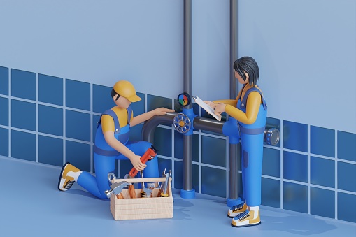 3D illustration of a male plumber checking pipelines. Plumbing repair service, plumber working in the bathroom. 3D illustration