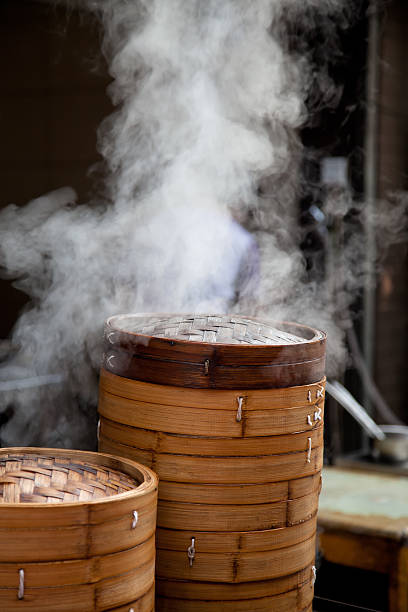 Chinese dumpling steamer in Xi'An street food restaurant stock photo