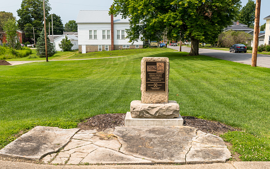 Waterford, Pennsylvania, USA August 1, 2023 A historical marker for the boyhood home of Colonel Strong Vincent who was killed at the Battle of Gettysburg as seen on a sunny summer day