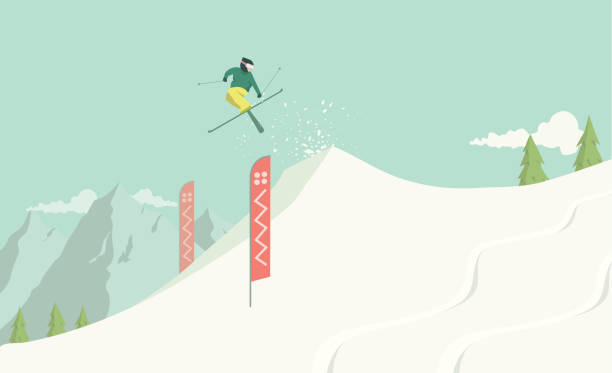 Ski Jump Freestyle A hand drawn illustration of a freestyle skier taking a jump in a snow park. Each element on the illustration is on a separate layer and can be easily edited. This is a vector illustration with CMYK color space. snow skiing stock illustrations