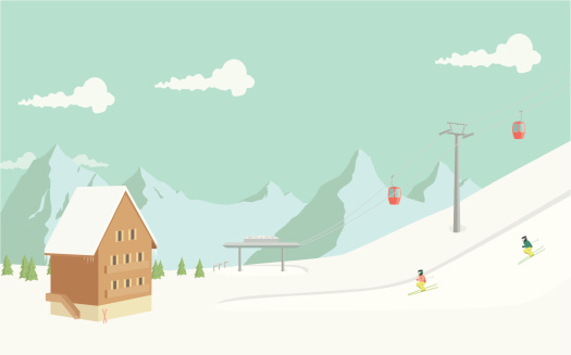 A hand drawn illustration of a ski resort and luxury chalet in the mountains. Each element on the illustration is on a separate layer and can be easily edited. This is a vector illustration with CMYK color space.