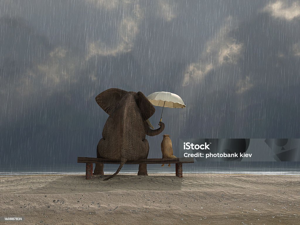 elephant and dog sit under the rain Care Stock Photo