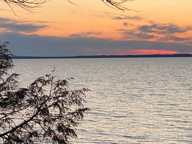 istock Sunset peeking between trees on Grand Traverse bay 1608882679