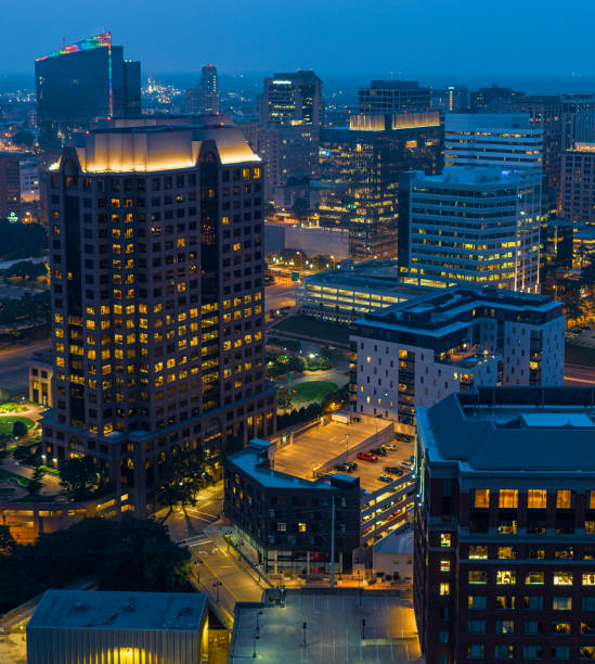 istock Illuminated skyscrapers under fire smog over Richmond business district at night, VA 1608882778