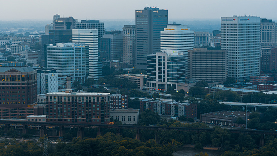 Downtown Business district cityscape, enveloped by Canadian fire smog in Richmond, VA. Drone view