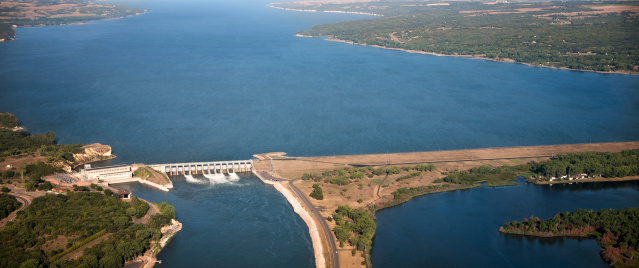 An aerial view of South Dakota's Gavins Point Dam on the Missouri River