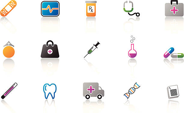 ilustraciones, imágenes clip art, dibujos animados e iconos de stock de conjunto de iconos médicos-color - vile