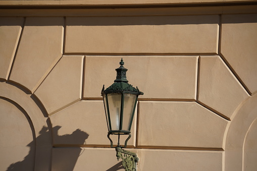 Old Vintage street lantern in Prague. Antique street lantern on wall in the old town of Prague, Czech Republic.