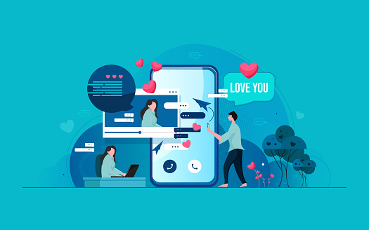 Online dating app concept. Communication with smartphone, vector illustration