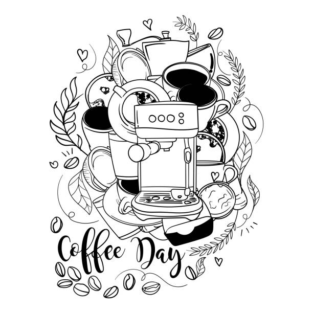 шаблон кампании «день кофе» с рисунком кофе в черно-белом дизайне - croissant morning white breakfast stock illustrations