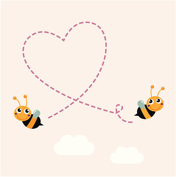 Flying retro bees making big love heart in the air vector art illustration