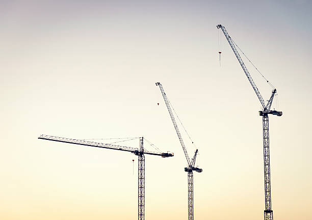 guindastes de construção ao amanhecer - crane imagens e fotografias de stock