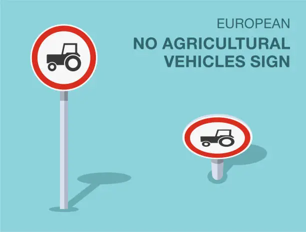 Vector illustration of Traffic regulation rules. Isolated european no agricultural vehicles sign. Front and top view. Vector illustration template.