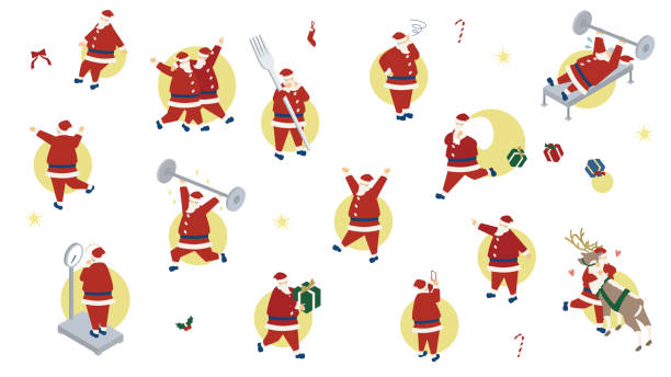 ilustrações de stock, clip art, desenhos animados e ícones de santa claus in various scenes - christmas shopping store retail