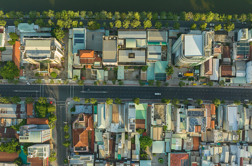 Abstract aerial image of houses close together in My Tho city, Tien Giang province