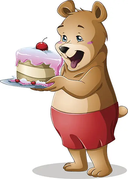 Vector illustration of Young Bear Holding A Cake