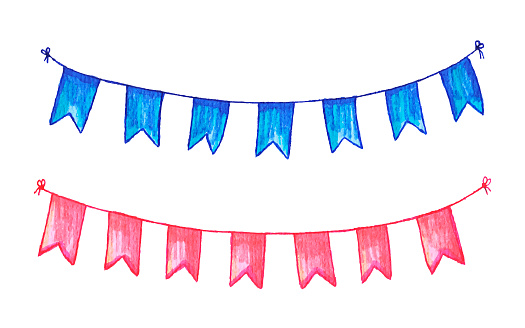 Watercolor flags garlands. Party decor elements. Pink and blue textured flags watercolor. Boy or girl. Hand drawn watercolor illustration of cute baby garland.