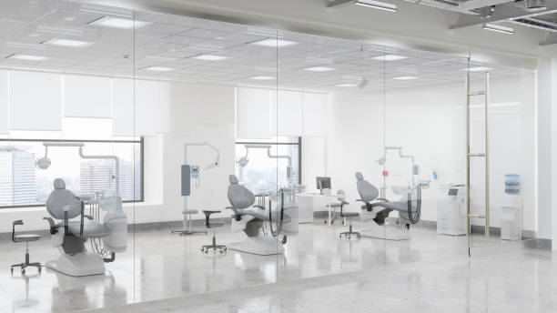 vista esterna della clinica dentale vuota con poltrone del dentista e strumenti dentali - dentist office dentists chair dental equipment white foto e immagini stock