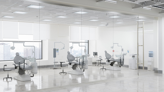 Outside View Of Empty Dental Clinic With Dentist Chairs And Dental Tools