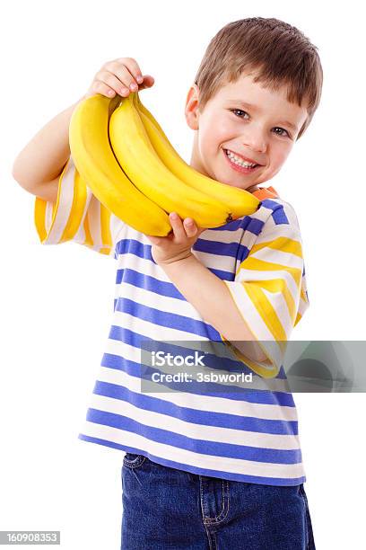 Happy Boy Holds A Bunch Of Bananas Stock Photo - Download Image Now - Banana, Child, Boys