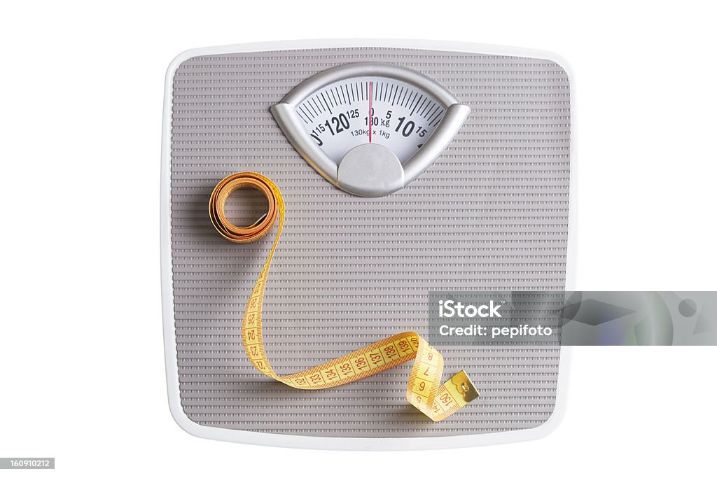 Diet concept Tape Measure on Weight Scale isolated on white Weight Scale Stock Photo