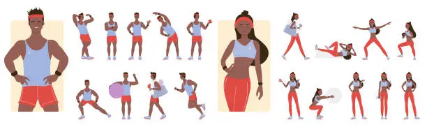 Vector illustration of Poses of sports trainers set, male and female blonde characters training muscles