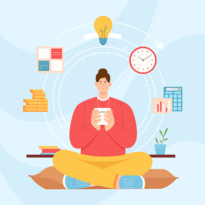 Work balance, professional time management vector illustration. Cartoon effective businessman sitting in lotus position with cup during coffee break, office files and clock flying over character