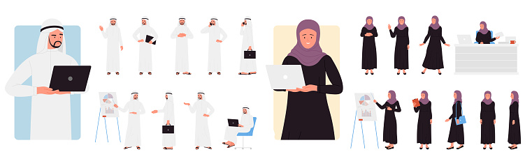 Arab business people poses set vector illustration. Cartoon isolated saudi woman and man in traditional robes standing with laptop, facial emotion and poses variation of muslim office characters