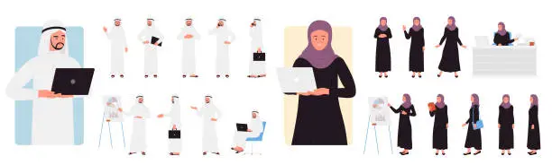 Vector illustration of Arab business people poses set, saudi woman and man in traditional robes standing