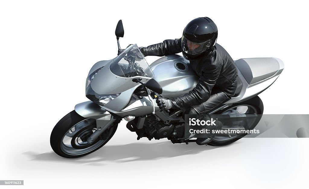 Isolated silver motorcycle Woman rading on very fast motorcycle  Motorcycle Stock Photo