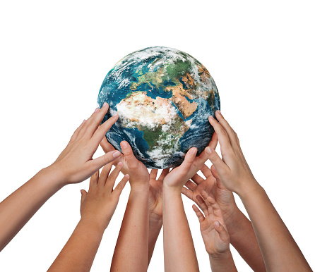 Many children hands holding planet earth isolated on white background. Element of this image furnished by NASA ( https://earthobservatory.nasa.gov/blogs/elegantfigures/2011/10/06/crafting-the-blue-marble/ )