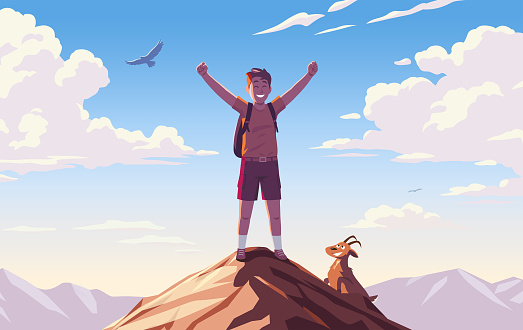 Vector illustration of a young hiker with raised arms standing on top of the mountain in front of an impressive cloudscape. He is watched by a mountain goat and above him an eagle is flying. Concept for hiking, mountain climbing, success, aspirations, adventure and freedom.