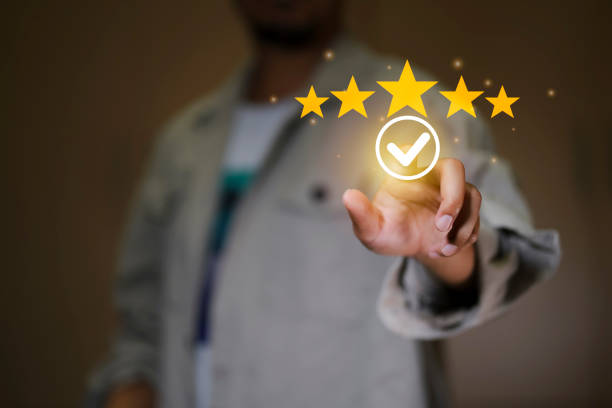 istock Businessman satisfaction feedback with 5 stars for customer satisfaction and product service evaluation concept, Good service experience. Best Rated 5 Stars for review. 1609200699