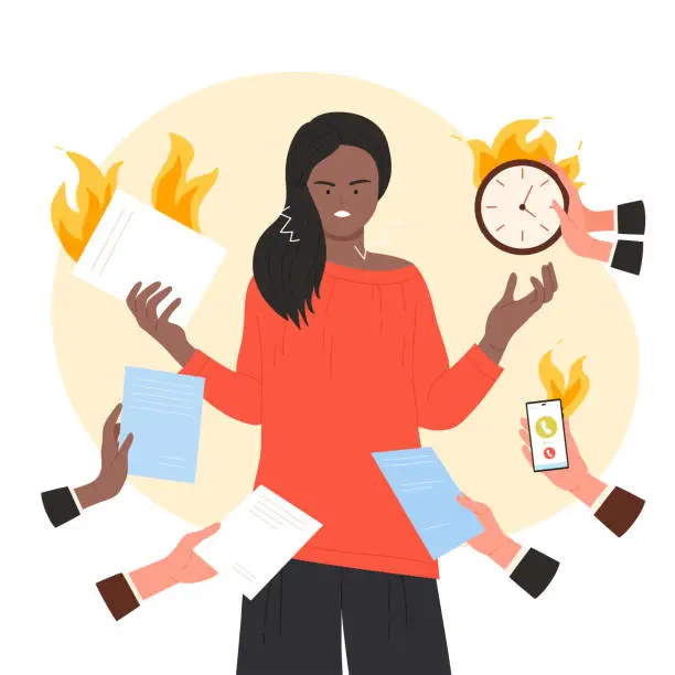 Vector illustration of Deadline stress for employee, hands of people giving angry manager office clock on fire