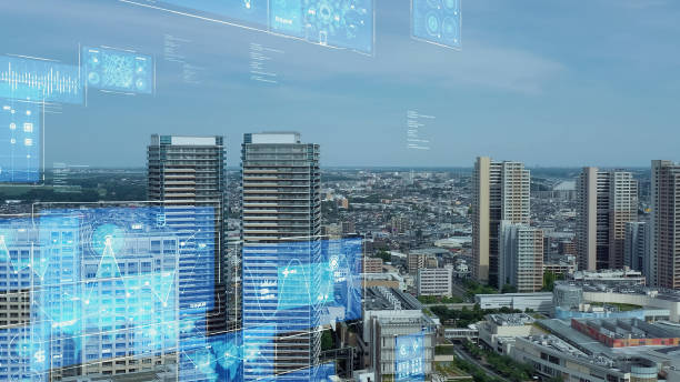 Modern city aerial view and information technology concept. Digital transformation. Communication network.