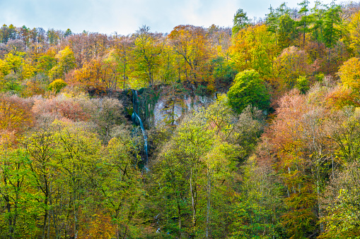Germany, Colorful autumn colors forest trees nature landscape mountain at bad urach waterfall magical destination