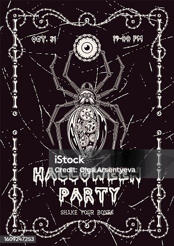 istock Halloween poster with spider, eye, frame of bones 1609247253