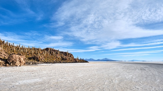 Idyllic landscape of an unpopulated salt flat near the Andes in Bolivia