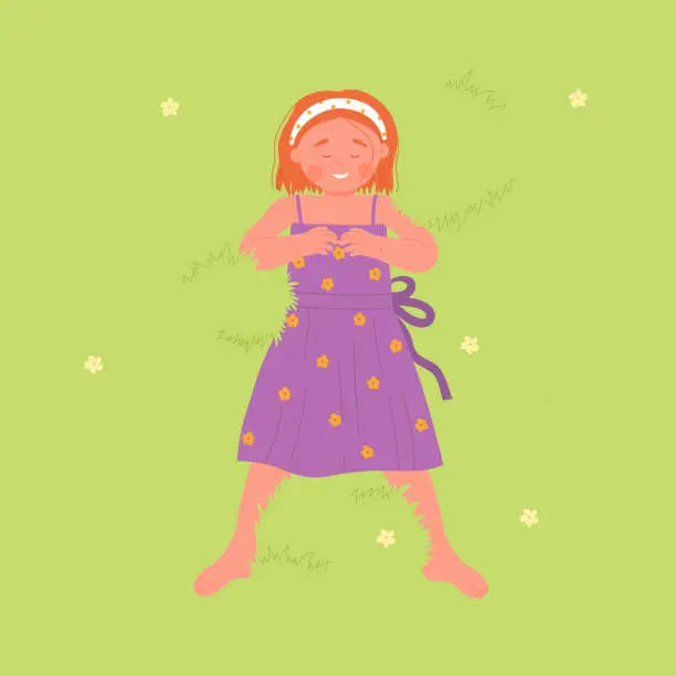 Vector illustration of Happy cute red hair girl lying on carpet grass in park or garden