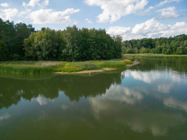 istock a river with green grass and trees in the background and sky and clouds 1609267637