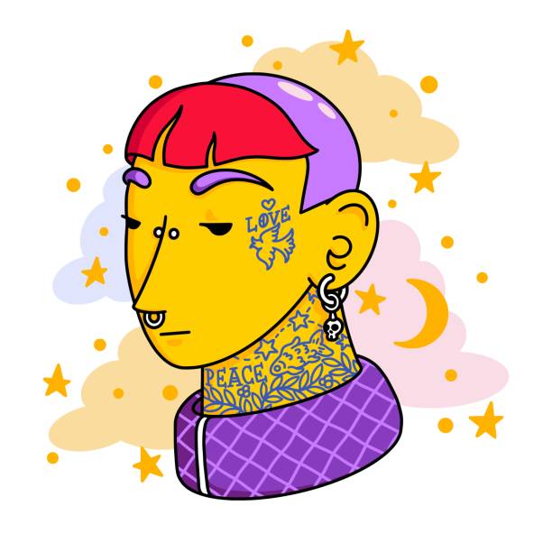 ilustrações, clipart, desenhos animados e ícones de retrato da menina careca. avatar de mulher rebelde do punk inconformista com franja multicolorida, piercing no nariz, brincos de caveira, tatuagem paz e amor, traje esportivo. ilustração plana moderna do vetor - tattoo punk women pierced