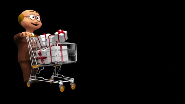 Happy Senior With Present Boxes in Shopping Car - Alpha