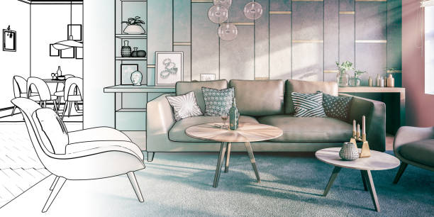 istock Sketch of a modern room adaptation with wall paneling and a sophisticated facility - 3D visualization 1609327363