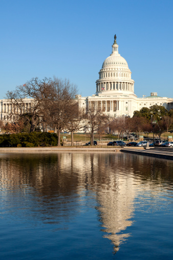 U.S. Capitol Rear Face and Reflecting Pool in Winter Afternoon Sunshine