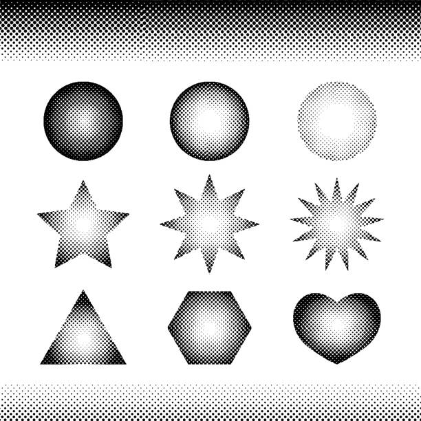 ilustraciones, imágenes clip art, dibujos animados e iconos de stock de una colección de diferentes formas y efectos de semitonos de borde. - spotted improvement circle halftone pattern