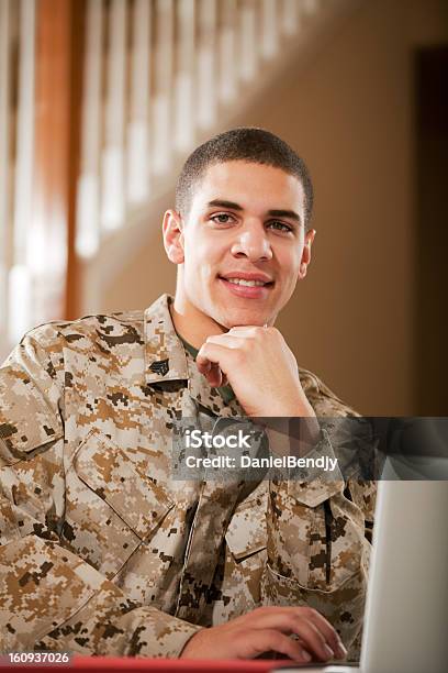 Us Marine Corps Solider Working On Laptop Stock Photo - Download Image Now - Portrait, Veteran, Army
